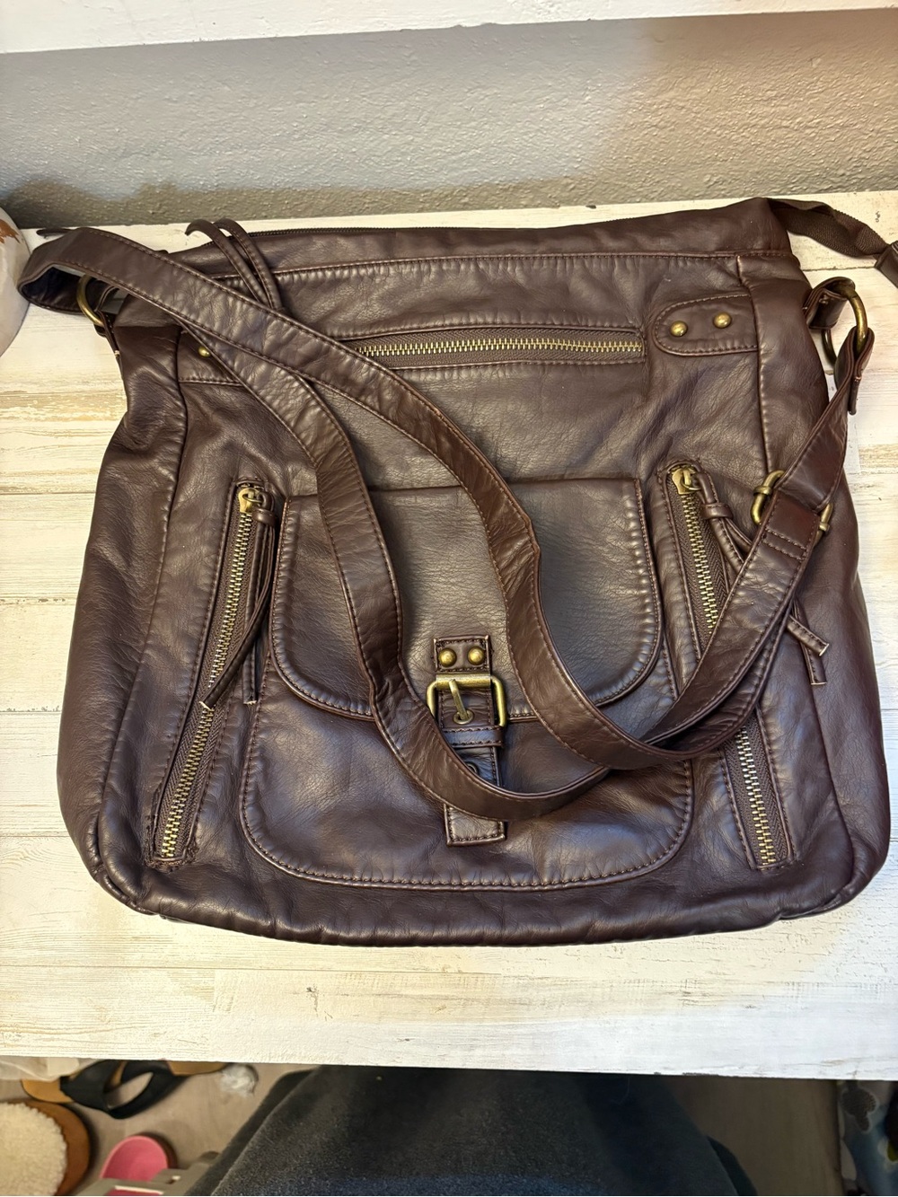 Women's Brown Leather Shoulder Bag with Front Pocket Detail